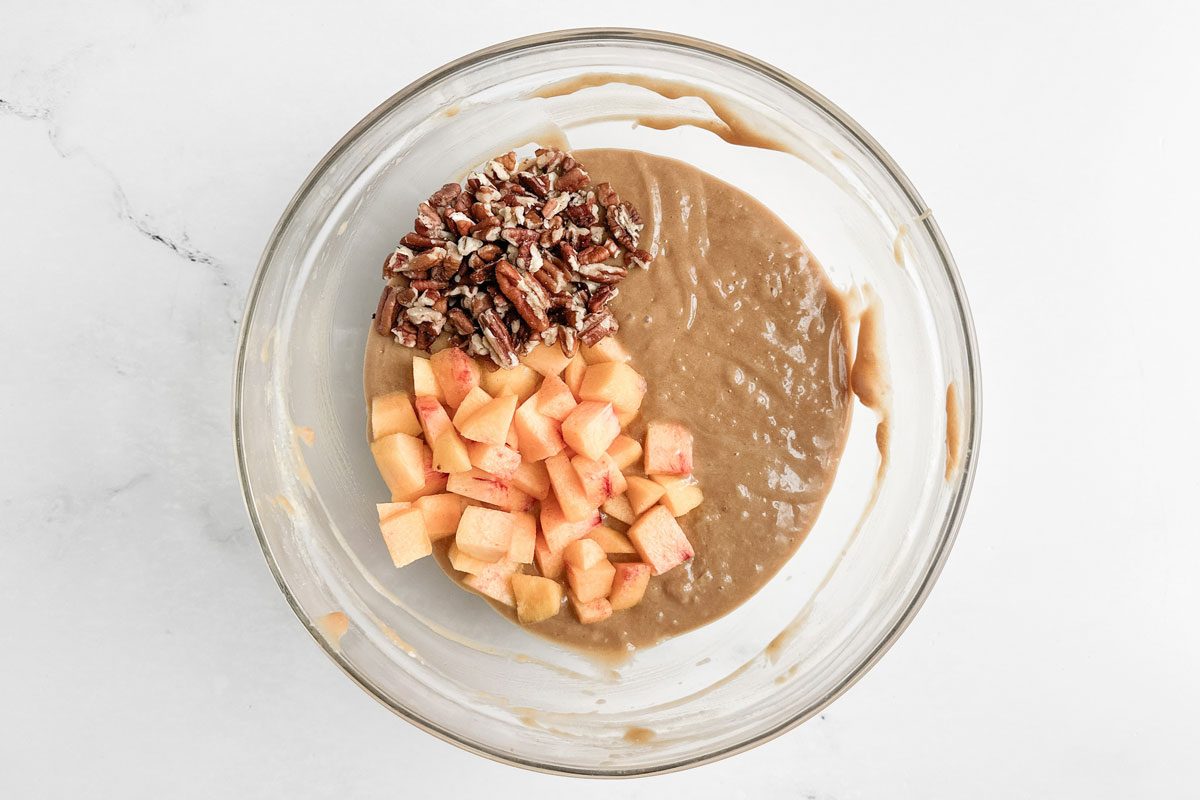Batter for Taste of Home Peach Bread in a glass bowl