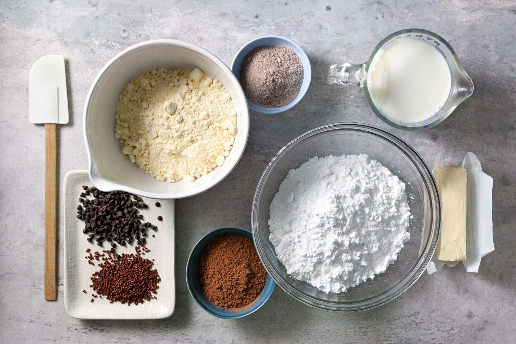 Overhead shot of all ingredients; grey marble surface
