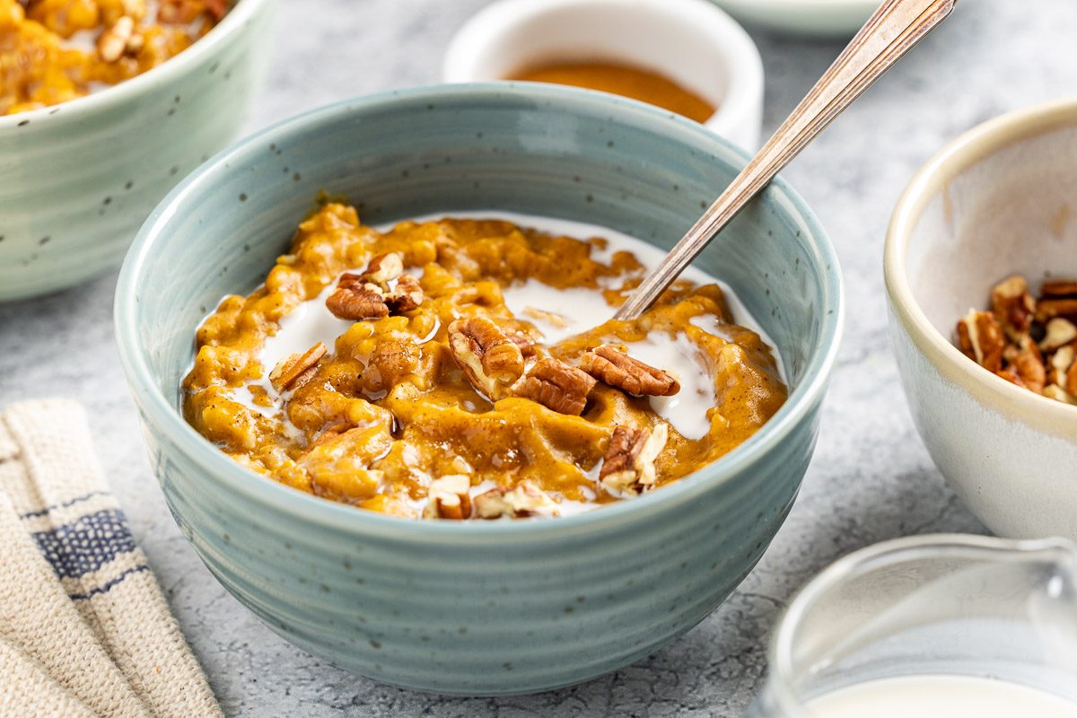 Taste of Home Pumpkin Oatmeal recipe photo of the finsihed oatmeal served into bowls.
