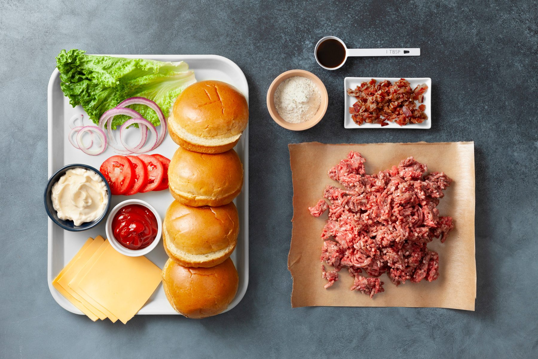 overhead shot of ranch burger ingredients