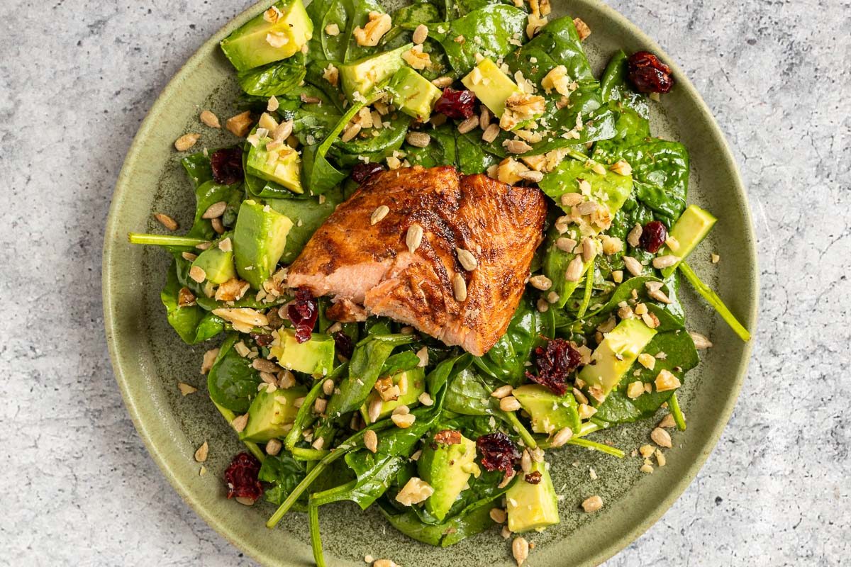 Taste of Home Salad with Salmon recipe photo of the assembled salad.