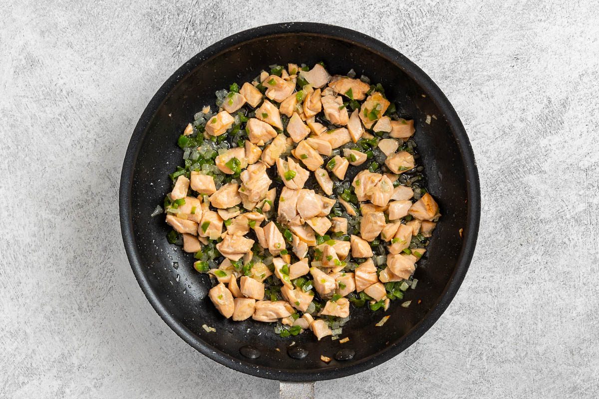 Taste of Home Salmon Omelet recipe photo of the cooked salmon, onion and green pepper.