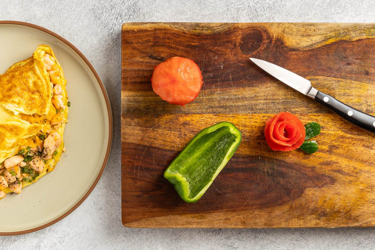 Taste of Home Salmon Omelet recipe photo of the tomato rose garnish.