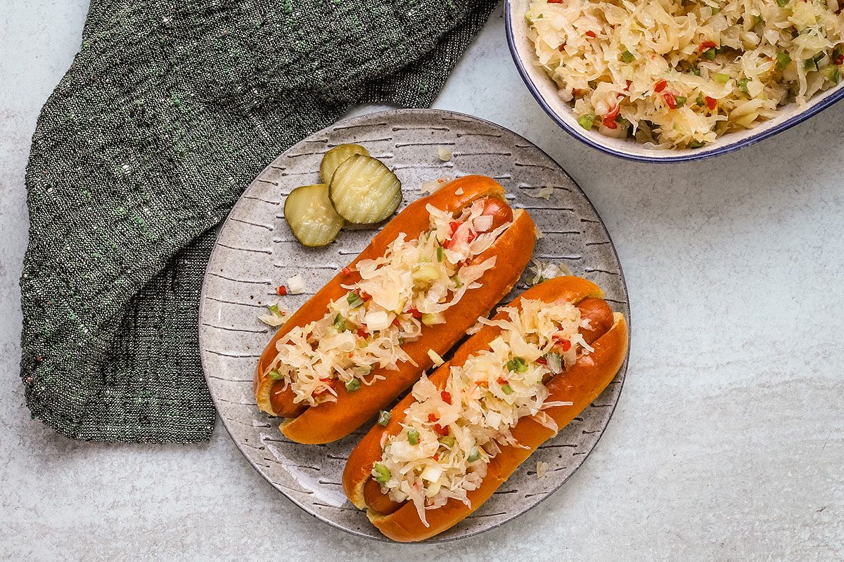 Sauerkraut salad on hot dogs, from Taste of Home.