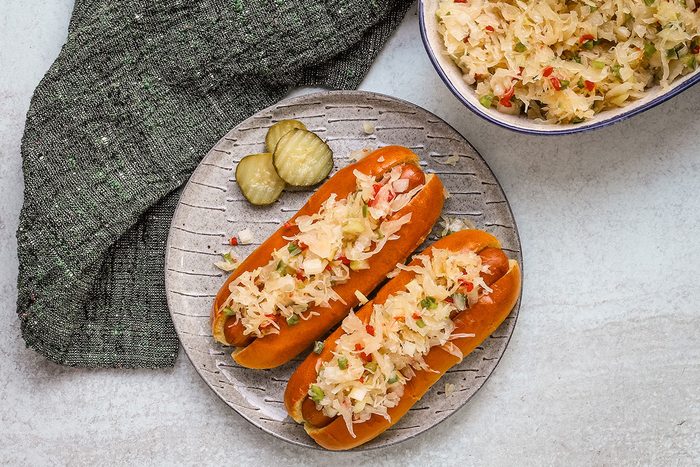 Sauerkraut salad on hot dogs, from Taste of Home.
