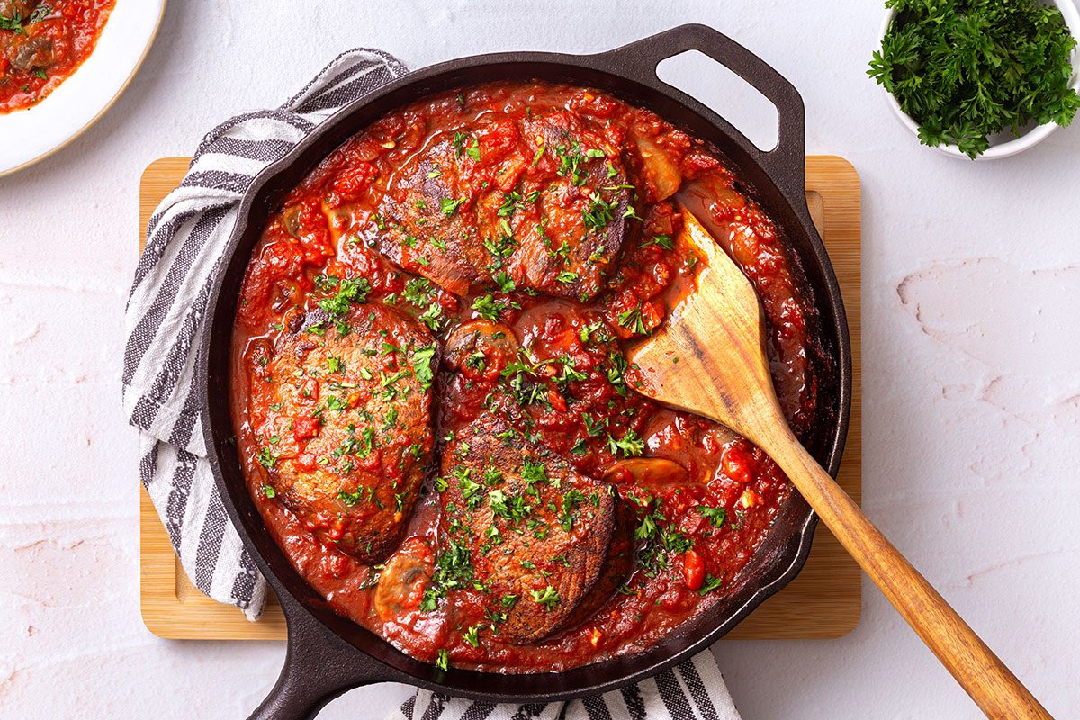 Steak Pizzaiola in a large skillet for Taste of Home