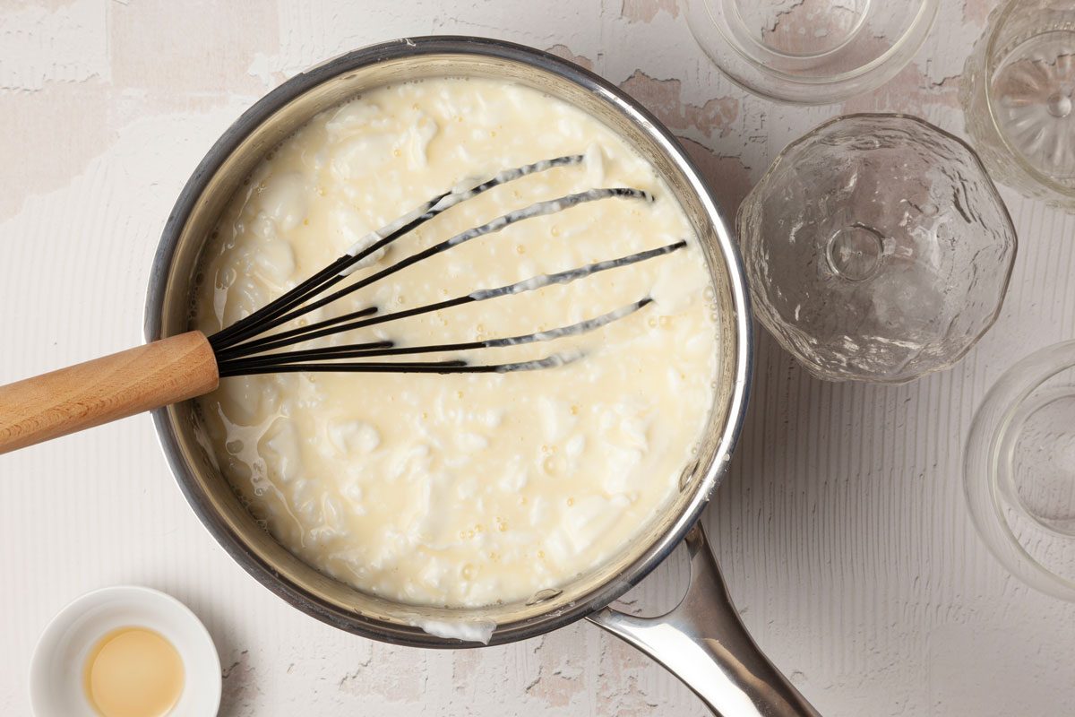 Step 2 of Taste of Home Swedish Creme is to stir in the vanilla and almond extracts. Cool for 10 minutes. Whisk in the sour cream. Then pour into eight dessert dishes. Refrigerate for at least one hour.