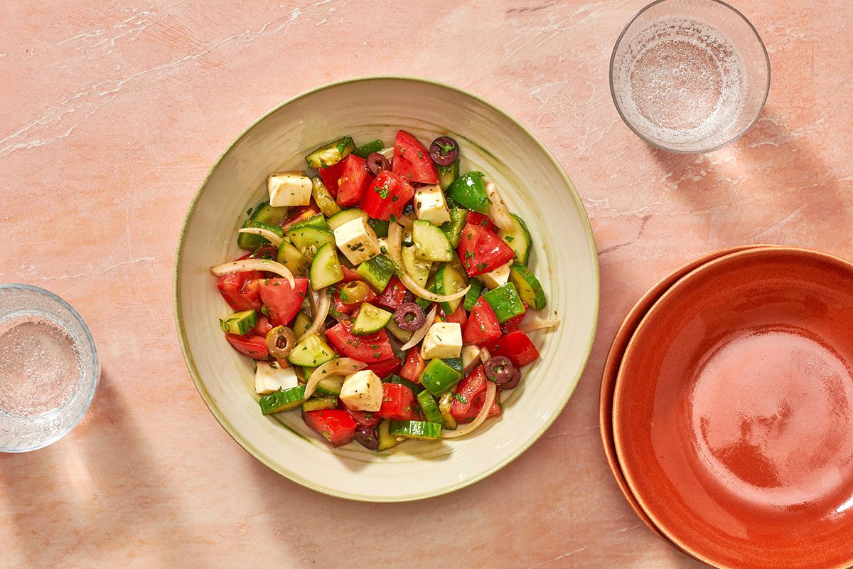 Tomato Cucumber Mozzarella Salad in a serving bowl