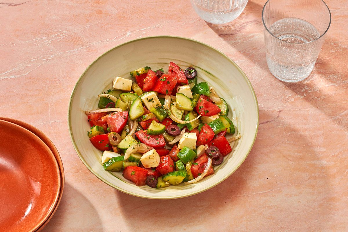 Tomato Cucumber Mozzarella Salad in a serving bowl
