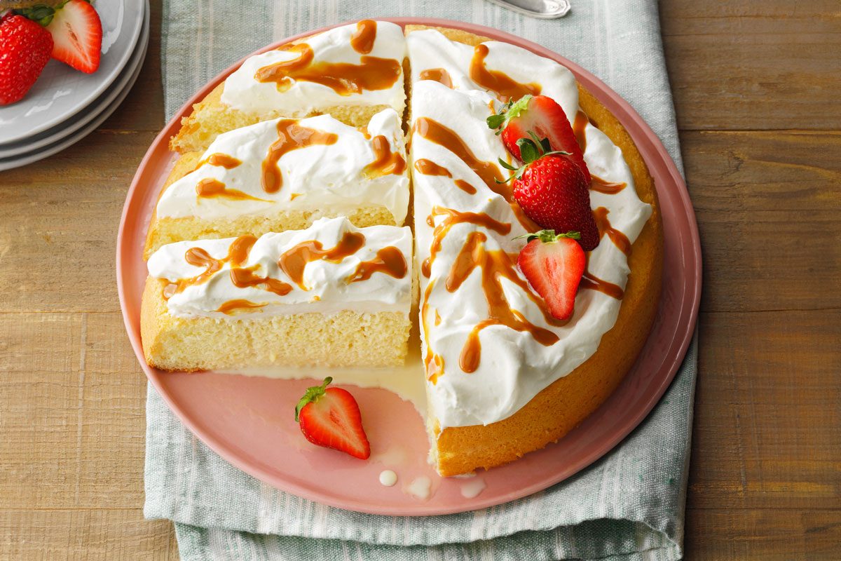 Tres Leches Cake on a pink serving plate