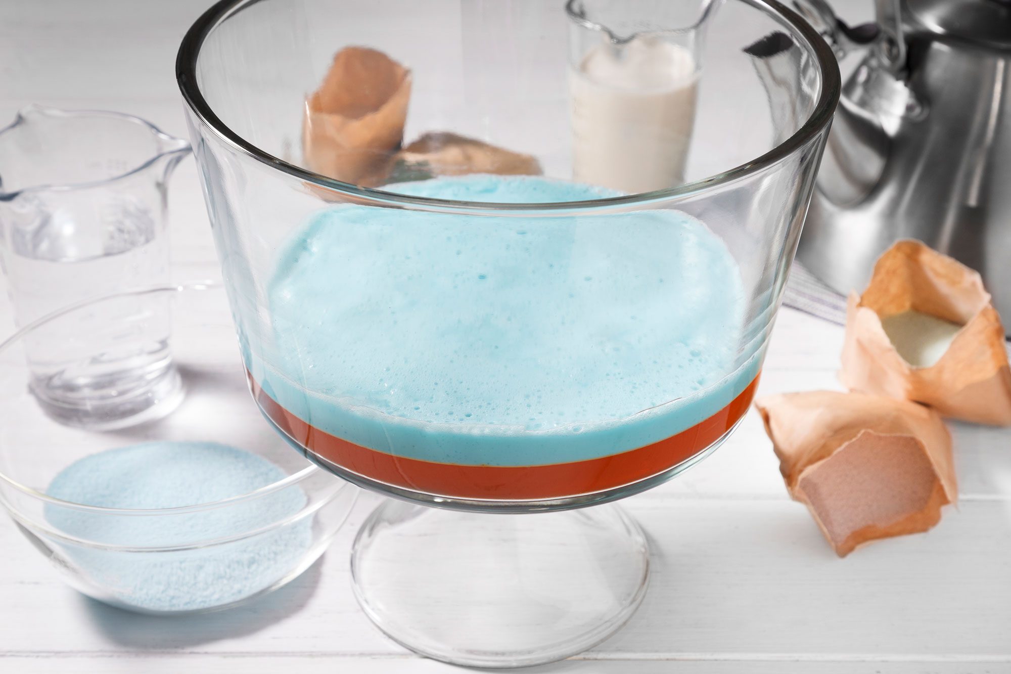 A large clear glass bowl with a light blue liquid inside it sits on a white table surface
