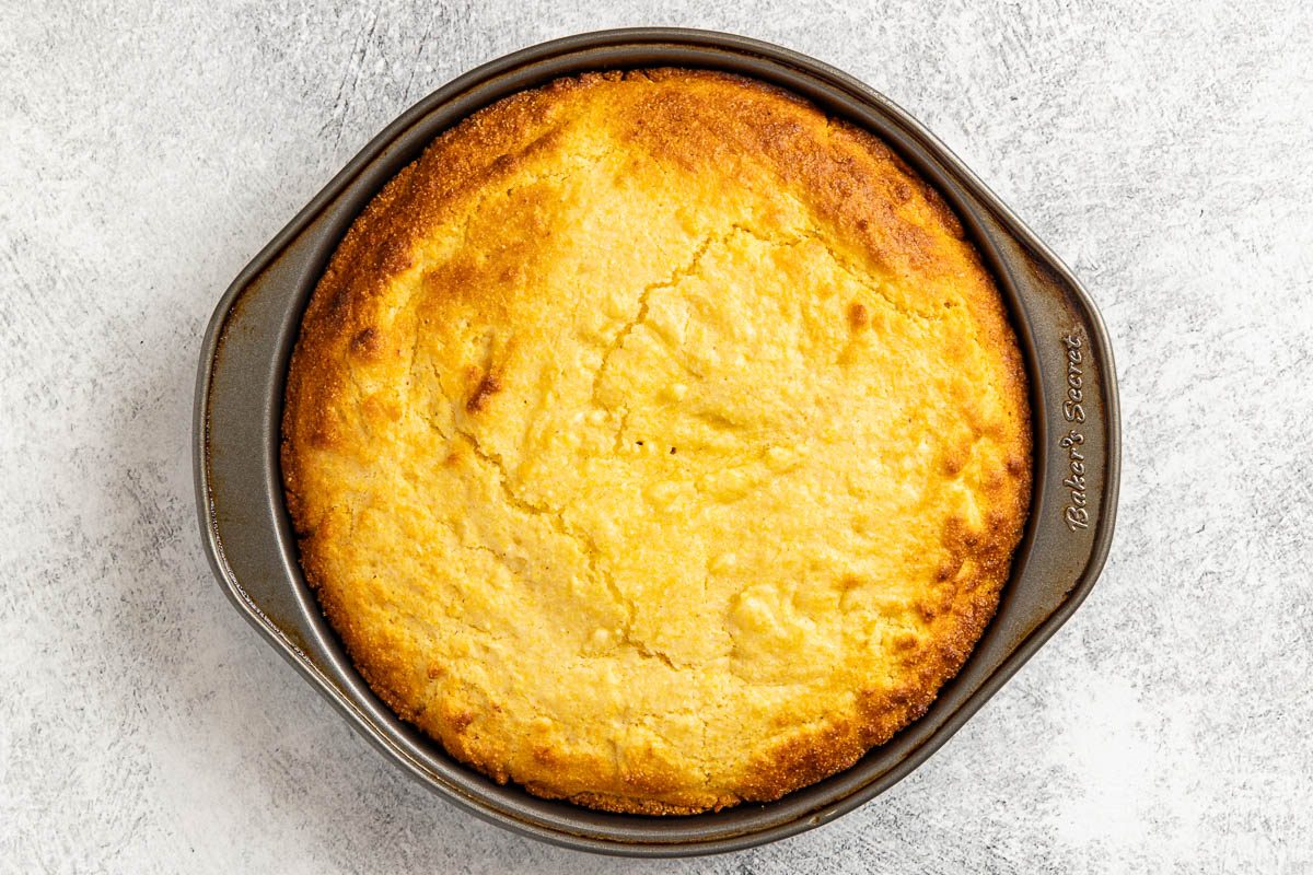 Air-Fryer Cornbread in a pan cooling