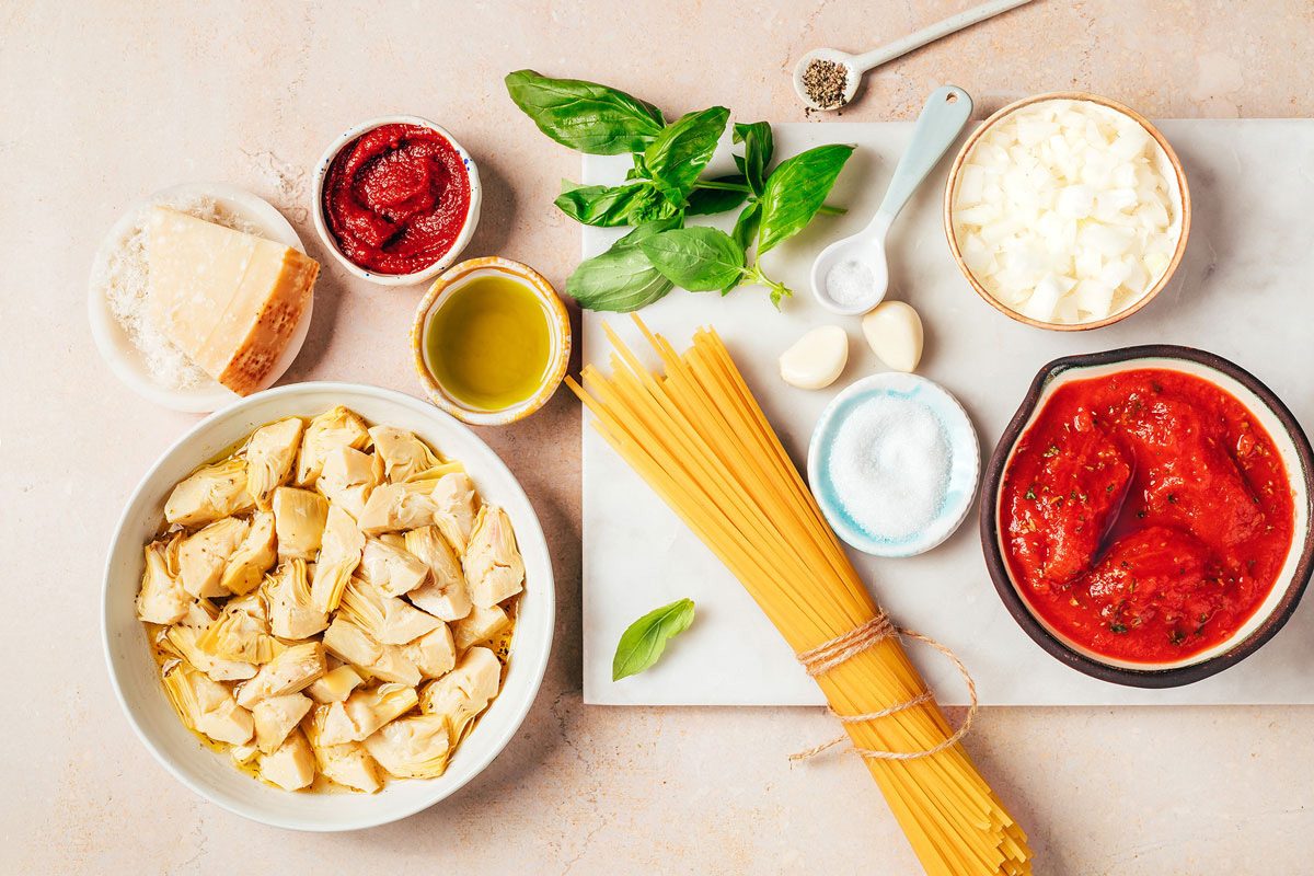 Ingredients for the Artichoke Tomato Pasta recipe by Taste of Home