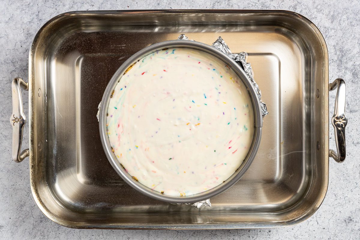 Taste of Home Birthday Cheesecake photo of the cheesecake in a water bath.