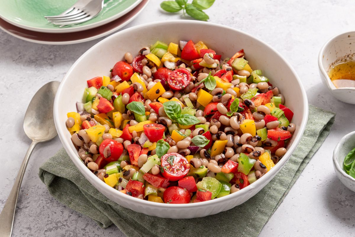 Closeup Of Black Eyed Pea Salad In Serving Bowl
