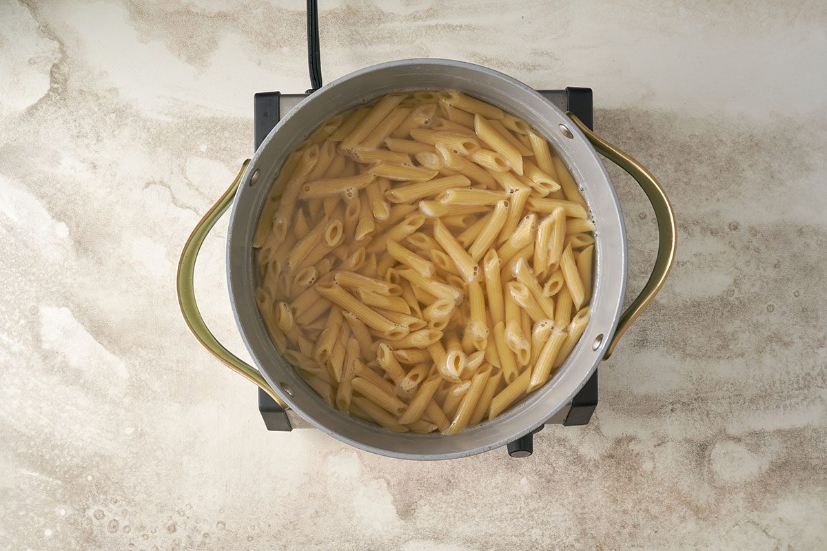 Cook the pasta in a 6-quart stockpot according to the package directions, then drain and return it to the pot for this Creamy Pasta recipe by Taste of Home.