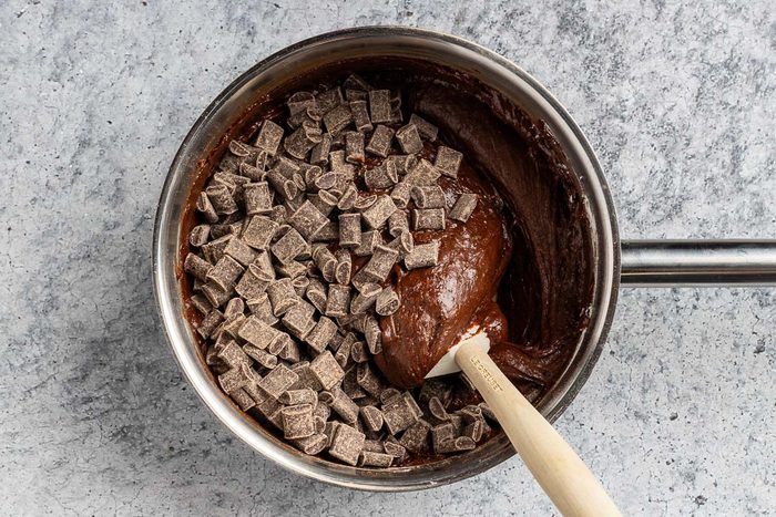 folding in the chocolate chunks to the batter.