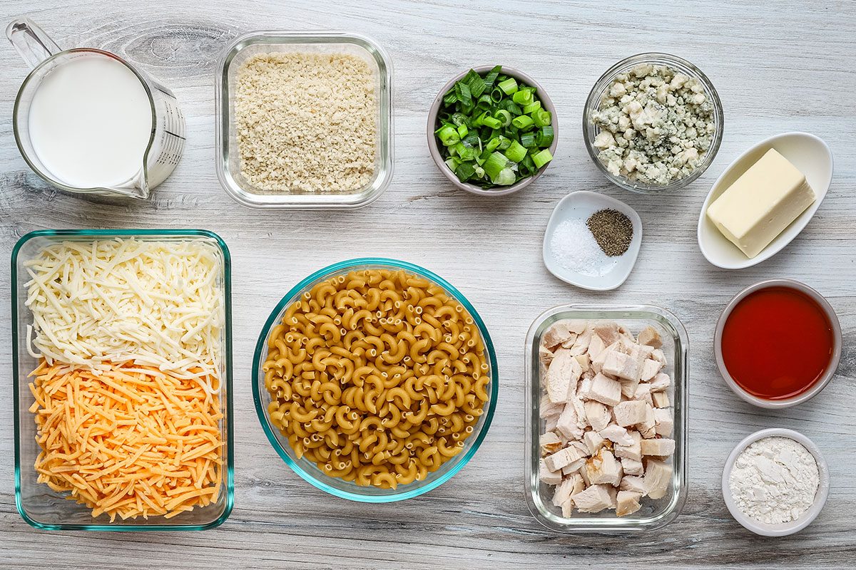 Ingredients for Buffalo chicken mac and cheese, a recipe from Taste of Home.