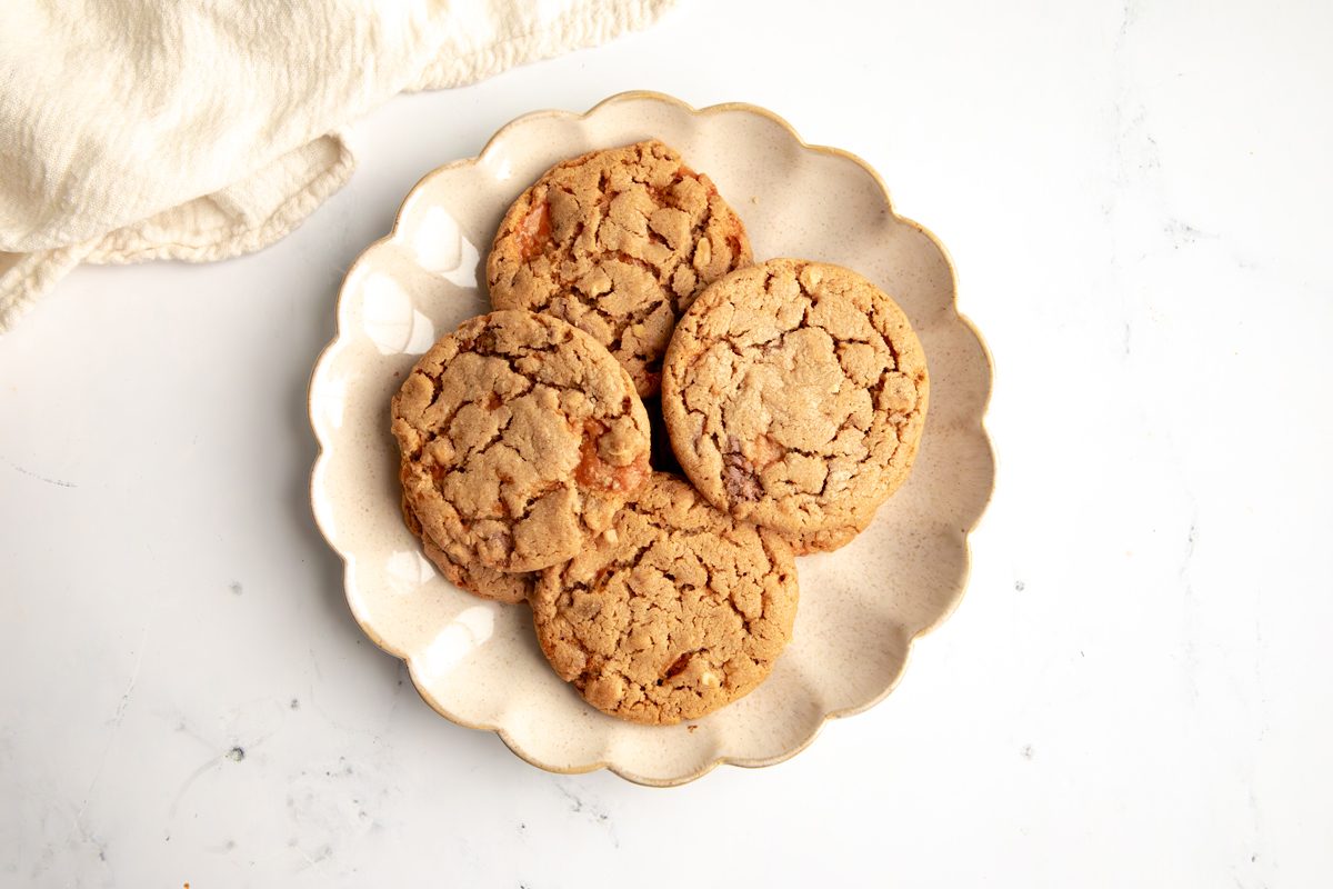 Close up beauty shot for Taste of Home Butterfinger Cookies being served on a plate.