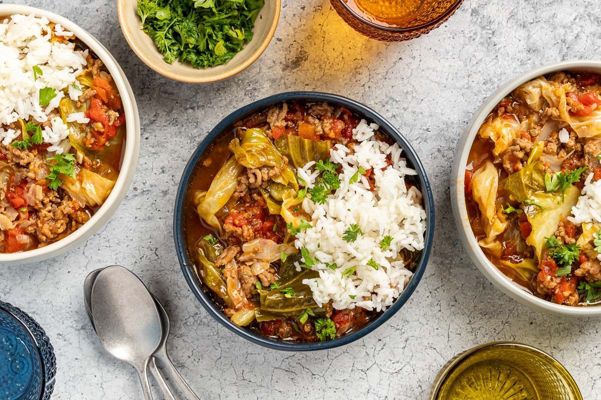 Cabbage Roll Soup in bowls with rice