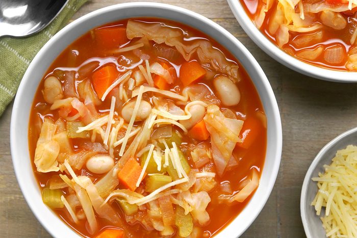 overhead shot of cabbage soup