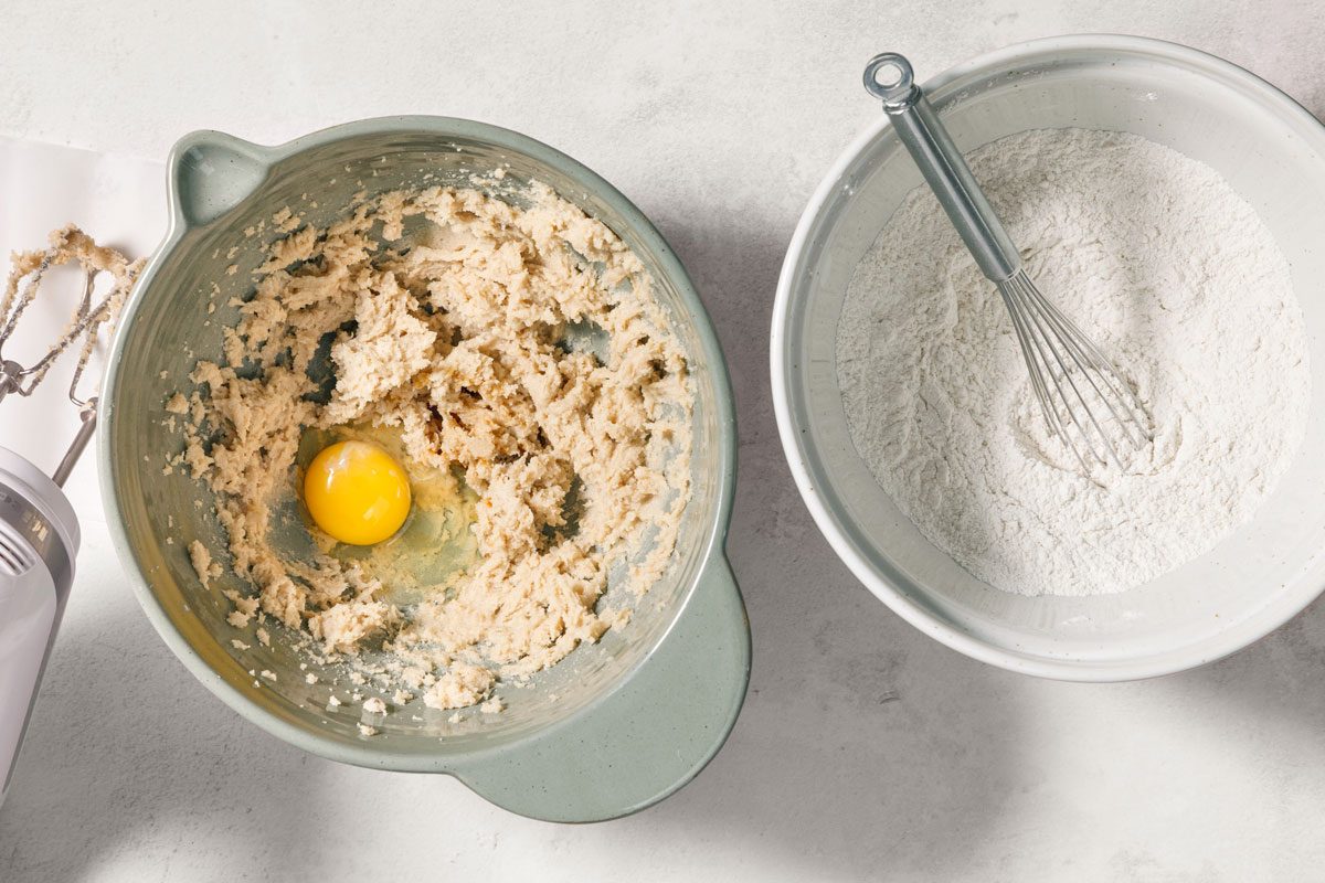 In a large bowl, cream butter and sugars until light and fluffy. Beat in egg and vanilla.