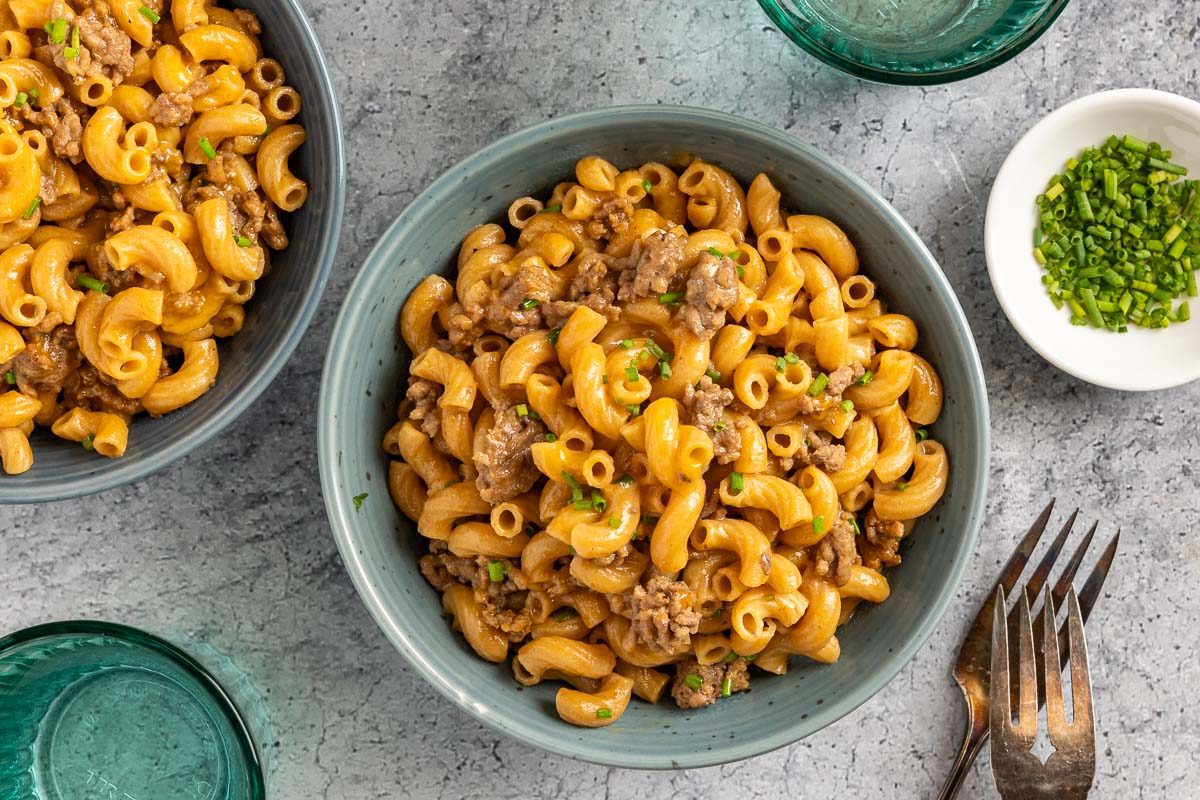 Taste of Home Cheeseburger Macaroni photo of the finished recipe served into bowls.