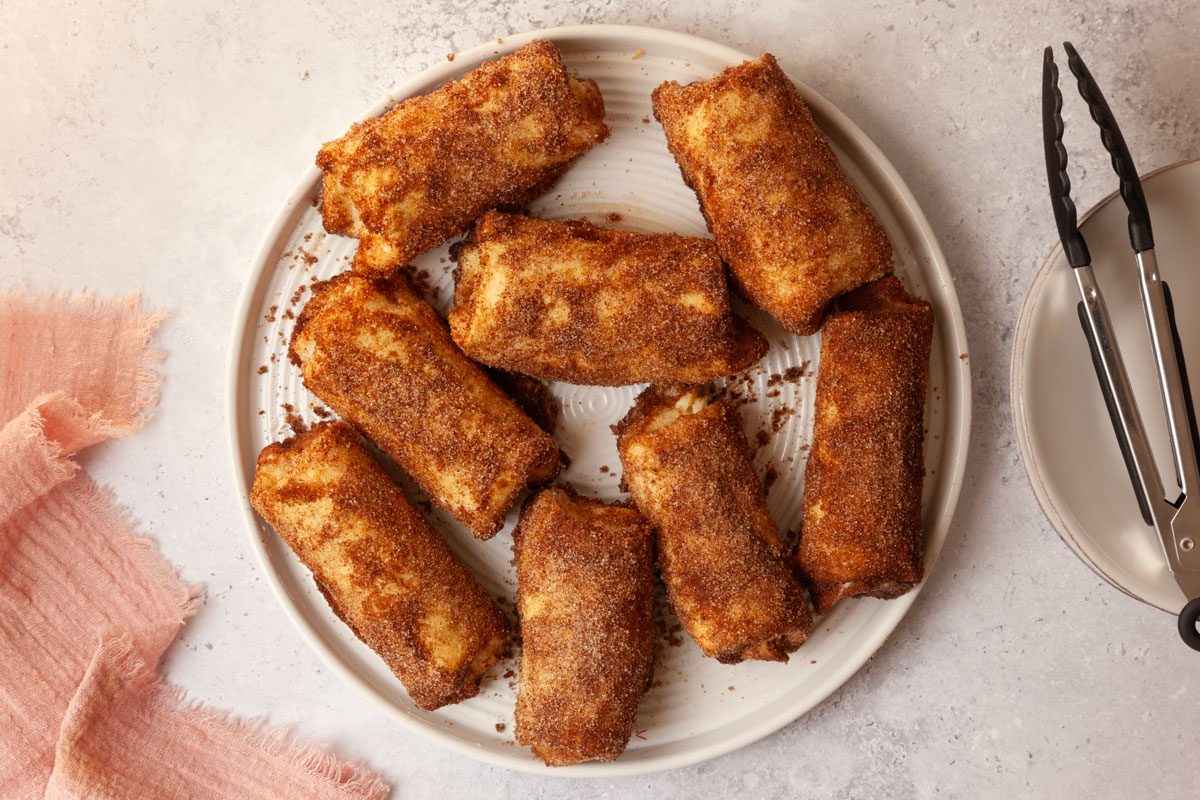 Full yield of Taste of Home Cheesecake Chimichangas on a serving platter