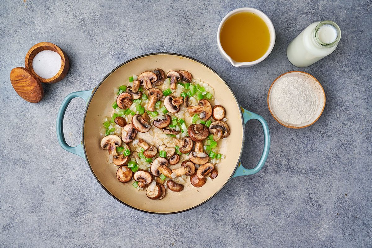 In a large skillet, sauté mushrooms, onions, and celery in butter until they are crisp-tender for the Chicken à la King by Taste of Home.