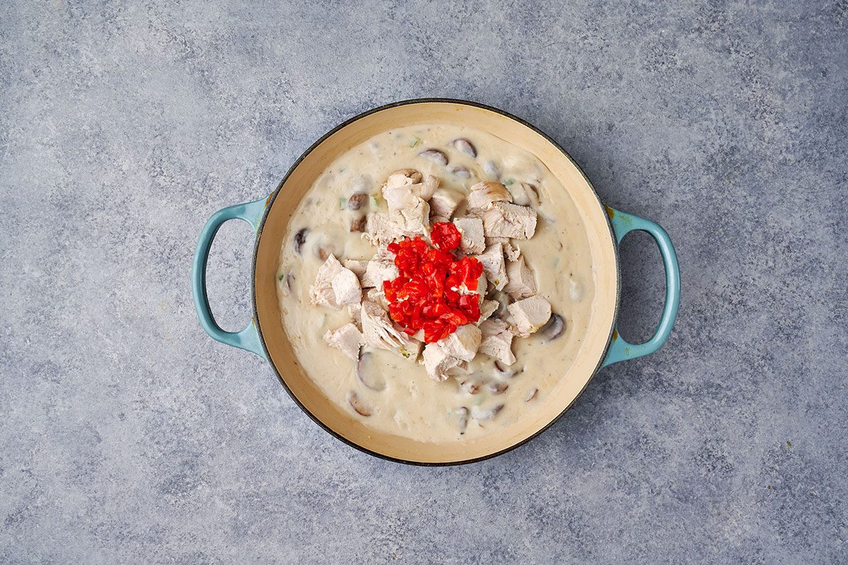 Add the cubed chicken and pimientos to the skillet, stir to heat through, and serve the Chicken à la King with freshly baked biscuits.