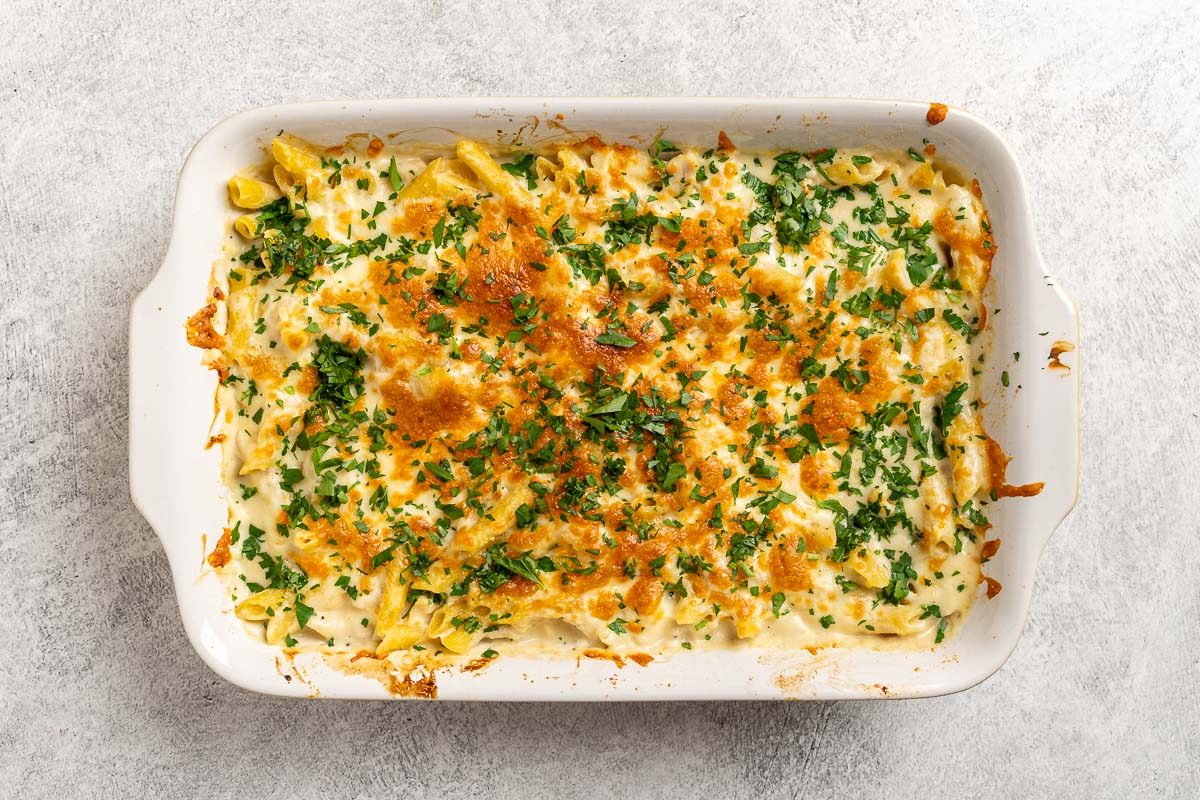 Taste of Home Chicken Alfredo Casserole photo of the baked casserole.