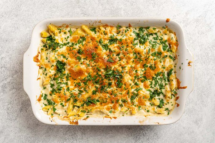 Taste of Home Chicken Alfredo Casserole photo of the baked casserole.