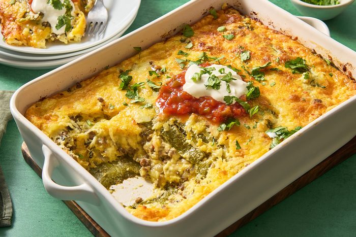 Closeup of the chile relleno casserole where you can see the layers inside the dish