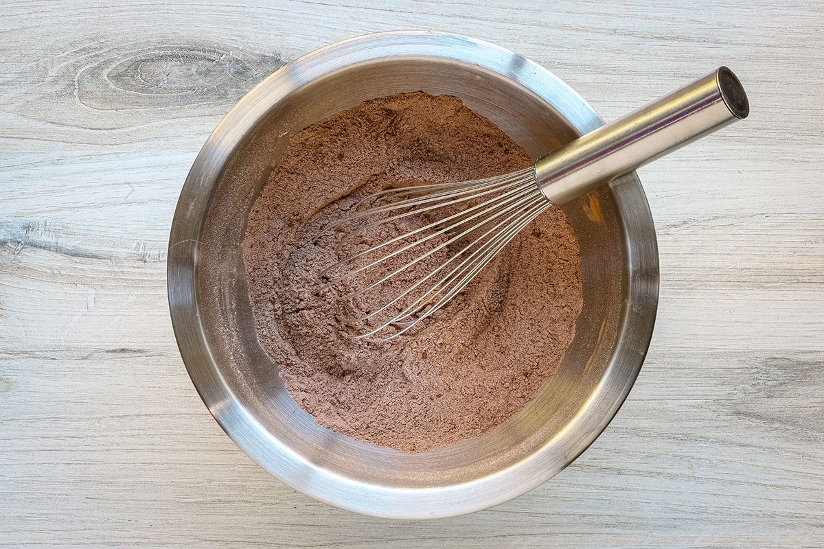 Dry ingredients for chocolate zucchini muffins, a Taste of Home muffin recipe.