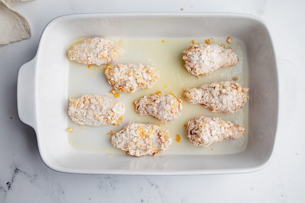 Overhead shot for Taste of Home Cornflake Chicken, before being baked.