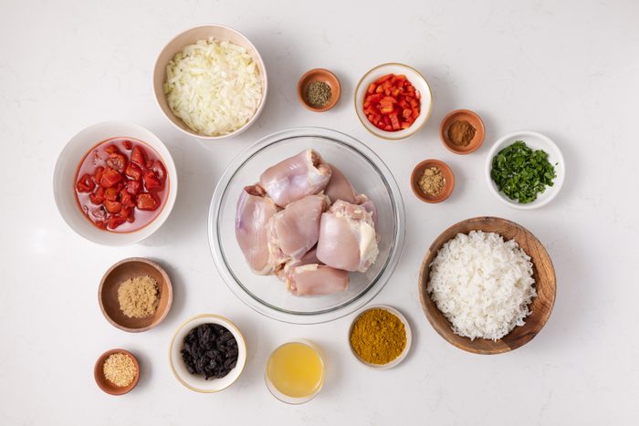 Ingredients for country captain chicken on kitchen counter.