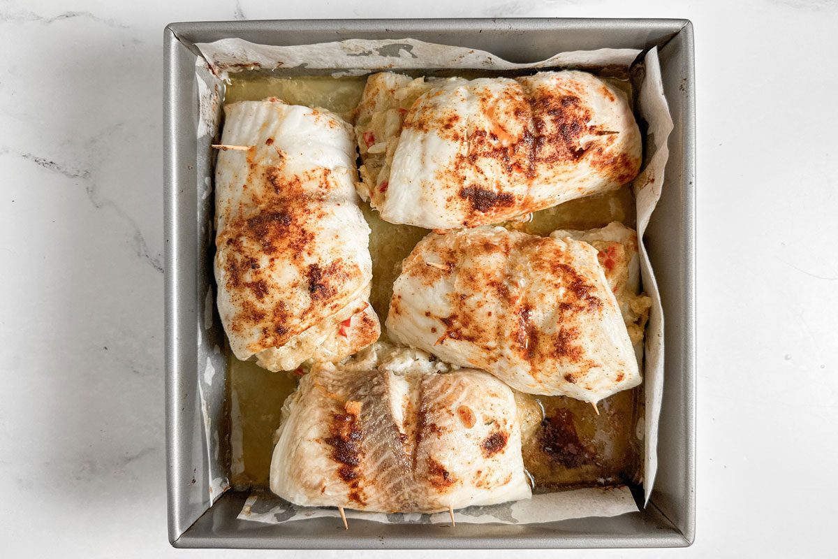 Taste of Home Crab Stuffed Tilapia in a square baking pan
