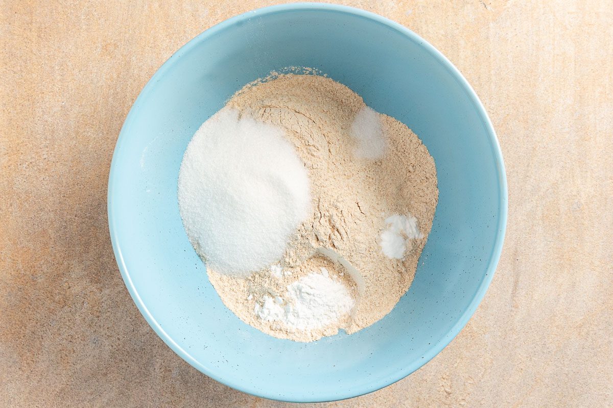 dry ingredients in a mixing bowl.
