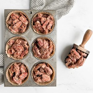 Taste of Home Candied Pecans in a vintage muffin tin