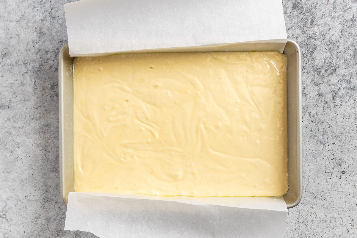 preparing the pan and cake batter.