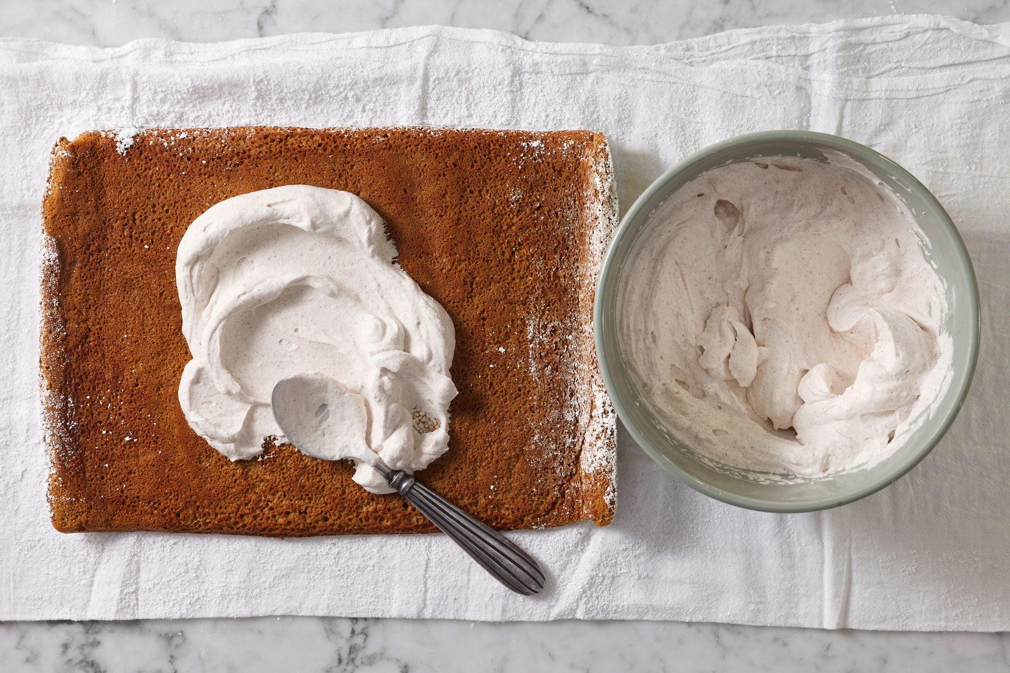 spread half of the filling over cake to within 1/2 in. of edges.