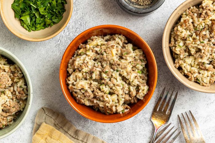 Taste of Home Hamburger and Rice Hot Dish photo of the finished recipe served into bowls.