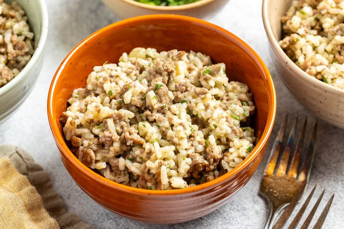 Taste of Home Hamburger and Rice Hot Dish photo of the finished recipe served into bowls.