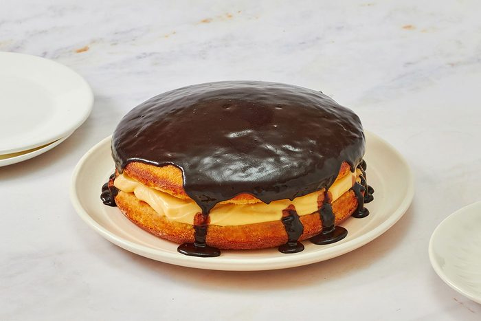 Boston cream pie on a serving plate