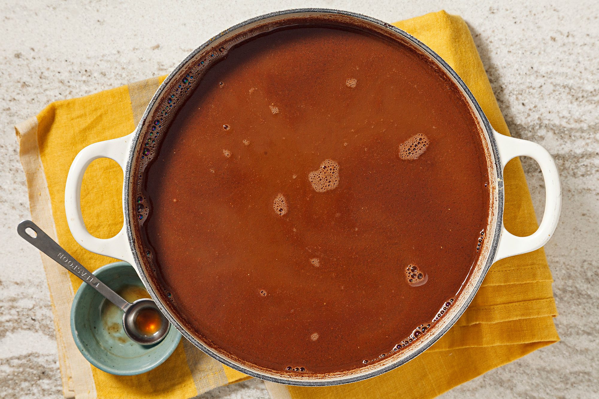 overhead shot of Mexican Champurrado in a soup pot