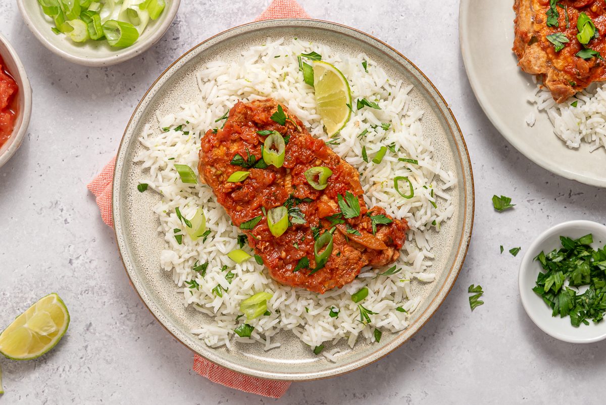 Plate With Lime Rice And Mexican Pork Chop