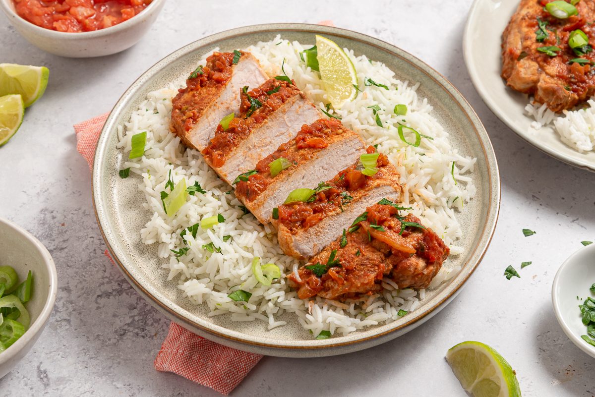 Plate With Lime Rice And Mexican Pork Chop