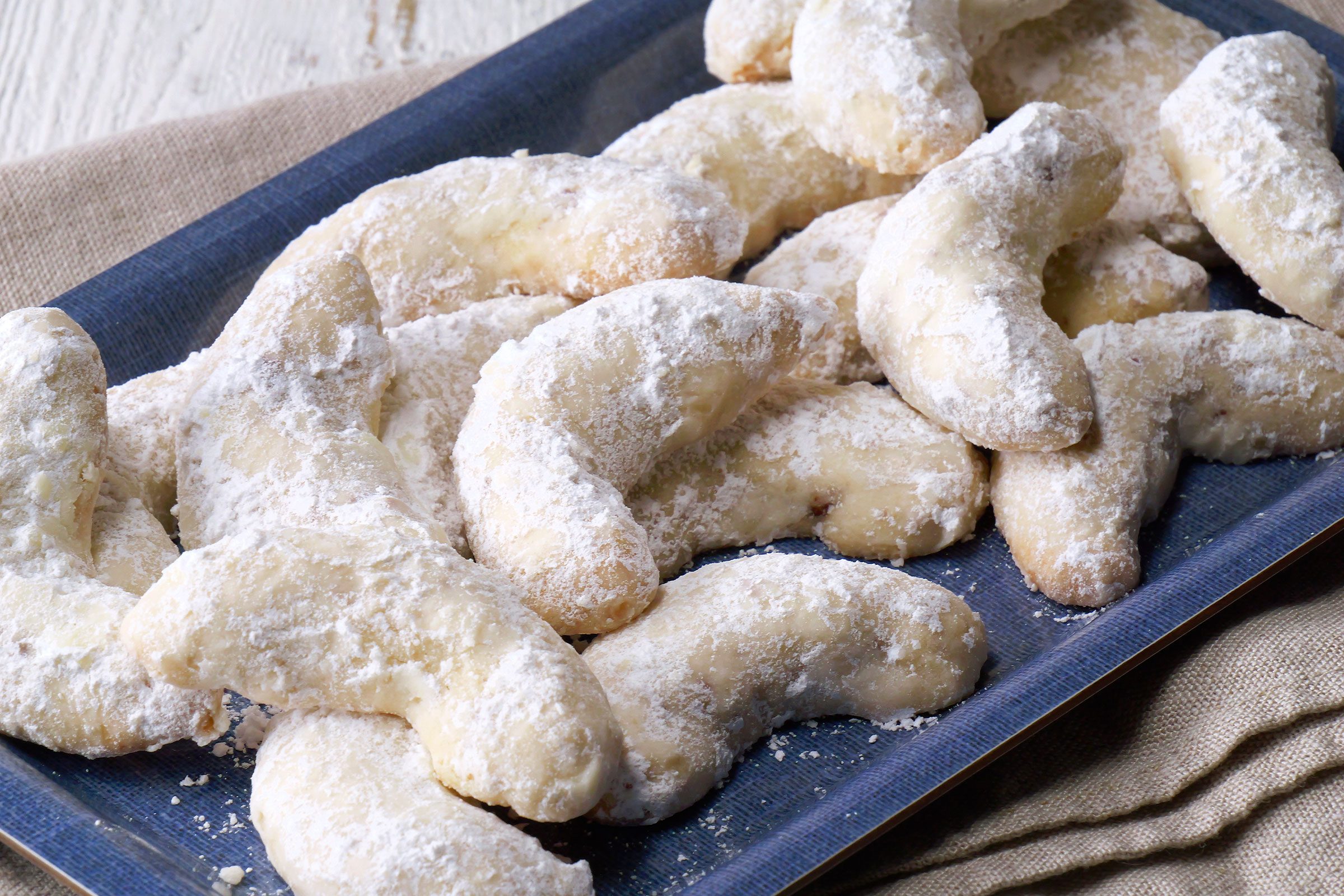 Mexican Wedding Cookies in a blue tray