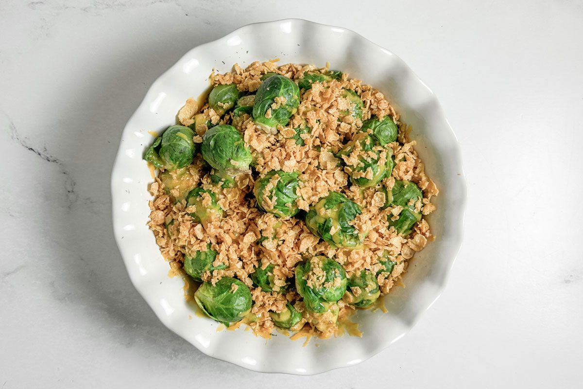 Taste of Home Microwave Brussels Sprouts in a white ceramic dish