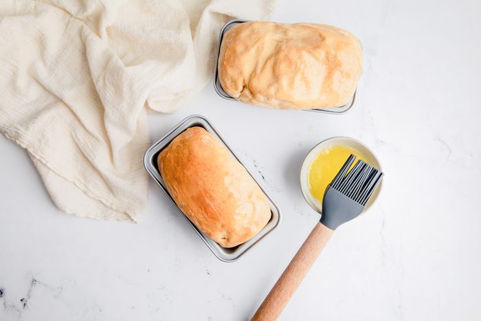 Oberhead shot for Taste of Home Mini Bread Loaf, bread in mini loaf pans baked.